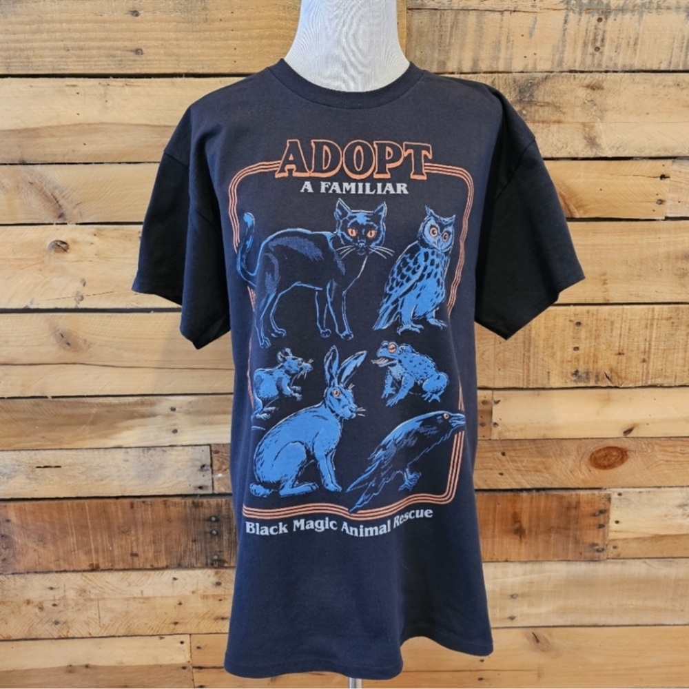 Steven Rhodes unisex "Adopt A Familiar" black t-shirt size L